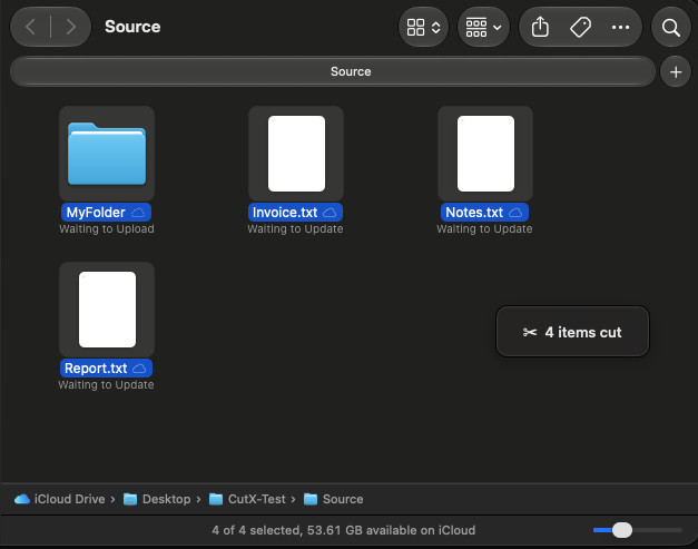 Files selected in Finder with the CutX indicator showing 4 items cut